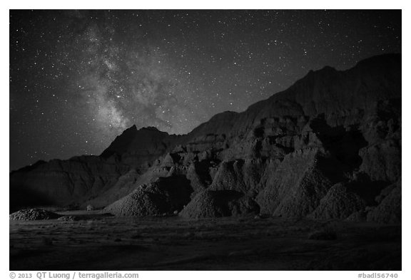 Starry sky and Milky Way above buttes. Badlands National Park (black and white)
