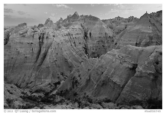 Peaks and canyons of the Wall near Norbeck Pass. Badlands National Park (black and white)