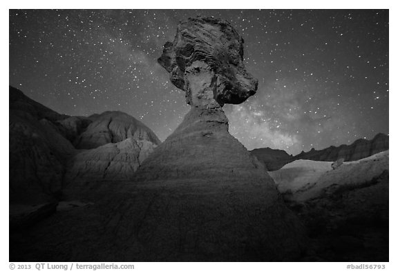 Pillar with caprock, badlands, and Milky Way. Badlands National Park (black and white)