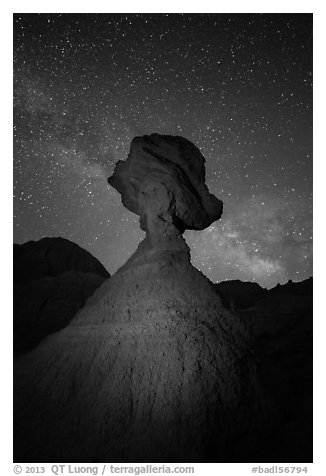 Balanced rock at night with starry sky and Milky Way. Badlands National Park (black and white)