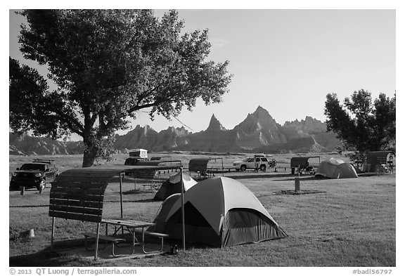 Tent camping. Badlands National Park (black and white)