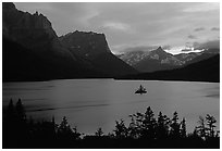 St Mary Lake and Wild Goose Island, sunset. Glacier National Park, Montana, USA. (black and white)