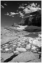 Icebergs in Upper Grinnel Lake, with glacier and Mt Gould in background. Glacier National Park, Montana, USA. (black and white)