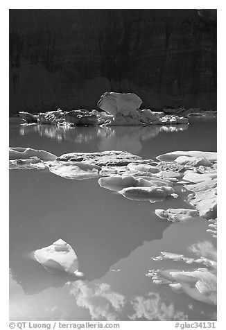 Garden wall reflection and icebergs in Upper Grinnell Lake. Glacier National Park (black and white)