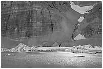 Ripples on Upper Grinnel Lake, with icebergs and glacier. Glacier National Park, Montana, USA. (black and white)