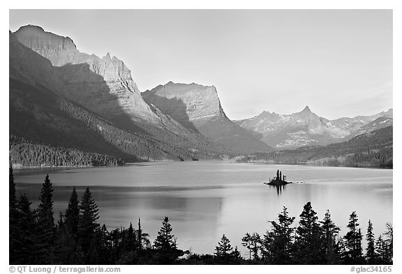 St Mary Lake, Wild Goose Island, sunrise. Glacier National Park (black and white)