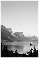 St Mary Lake and Wild Goose Island at sunrise. Glacier National Park, Montana, USA. (black and white)