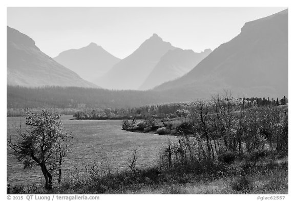 Saint Mary Lake and Continental Divide in autumn. Glacier National Park (black and white)
