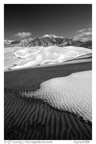 Sand dunes with snow patches. Great Sand Dunes National Park and Preserve (black and white)