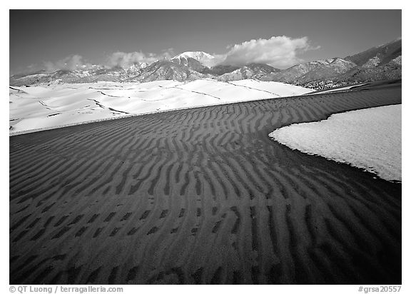Ripples in partly snow-covered sand dunes. Great Sand Dunes National Park (black and white)
