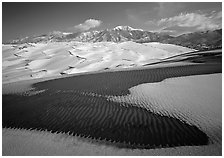 Patch of sand, snow-covered dunes, Sangre de Christo mountains. Great Sand Dunes National Park, Colorado, USA. (black and white)