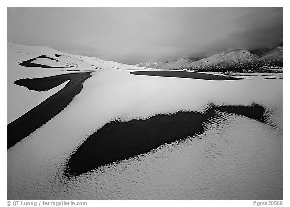 Patch of sand in snow-covered dunes at dawn. Great Sand Dunes National Park (black and white)