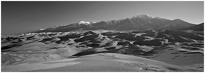 Sand dunes and Sangre de Christo mountains in winter. Great Sand Dunes National Park (Panoramic black and white)