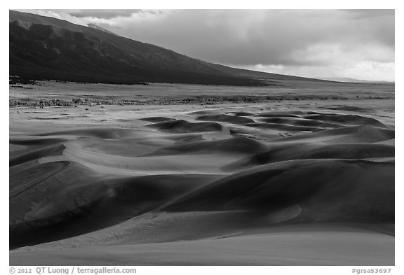 Dune field and valley, late afternoon. Great Sand Dunes National Park and Preserve (black and white)