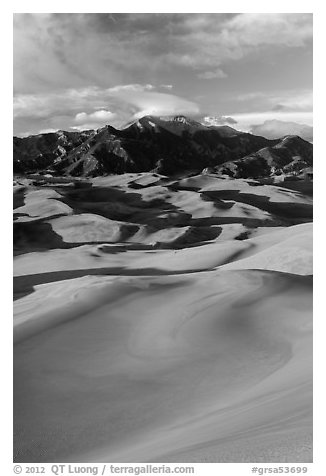 Mount Herard and dune field at sunset. Great Sand Dunes National Park and Preserve (black and white)