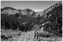 Trail and Sangre de Cristo Wilderness sign. Great Sand Dunes National Park and Preserve ( black and white)
