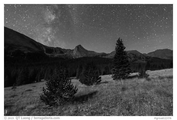 Milky Way, Sand Creek Valley, and Tijeras Peak. Great Sand Dunes National Park and Preserve (black and white)
