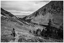 Hiker above Medano Lakes. Great Sand Dunes National Park and Preserve ( black and white)