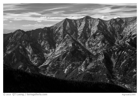 Rugged Sangre de Cristo mountains brightened by aspens in fall foliage. Great Sand Dunes National Park and Preserve (black and white)