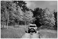 4WD vehicle on Medano primitive road in autumn. Great Sand Dunes National Park and Preserve ( black and white)
