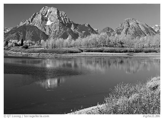 Mt Moran reflected in Oxbow bend in autumn. Grand Teton National Park, Wyoming, USA.