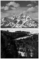 Snake River bend and Grand Teton in winter. Grand Teton National Park, Wyoming, USA. (black and white)