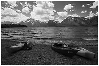 Kayaks on shores of Jackson Lake. Grand Teton National Park ( black and white)