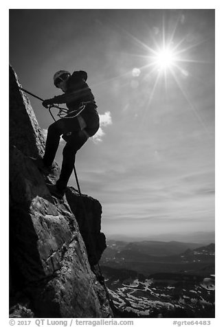 Woman climber rappelling on Grand Teton. Grand Teton National Park (black and white)