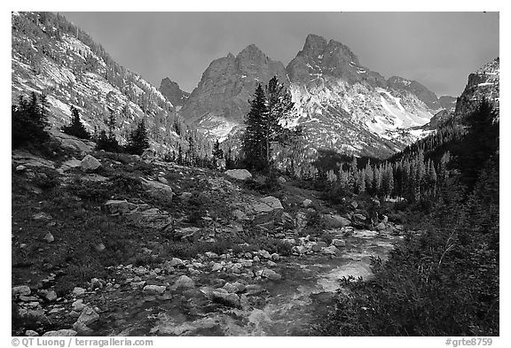 Tetons and Cascade Creek, afternoon storm. Grand Teton National Park (black and white)