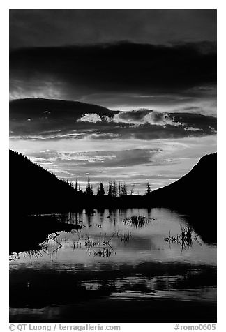 Sunrise with colorful clouds reflected on a pond in Horseshoe park. Rocky Mountain National Park (black and white)