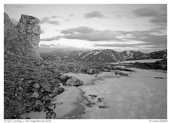 Rock tower and neve at sunset, Toll Memorial. Rocky Mountain National Park (black and white)