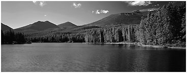 Clear lake with forested shores. Rocky Mountain National Park (Panoramic black and white)