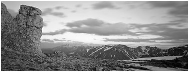 Rock cut at sunset. Rocky Mountain National Park (Panoramic black and white)