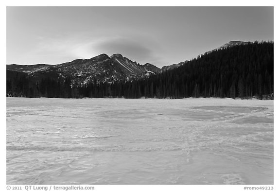 Frozen Bear Lake at sunrise. Rocky Mountain National Park (black and white)