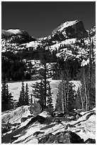 Bear Lake, winter morning. Rocky Mountain National Park, Colorado, USA. (black and white)