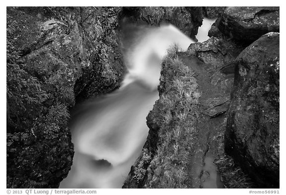 Creek in narrow gorge below Adams Falls. Rocky Mountain National Park (black and white)