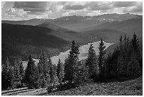 Cache la Poudre River Valley. Rocky Mountain National Park, Colorado, USA. (black and white)