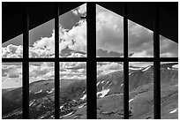 View from inside Alpine Visitor Center. Rocky Mountain National Park, Colorado, USA. (black and white)