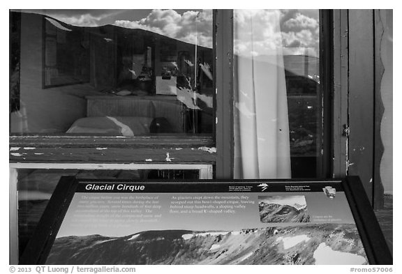 Interpretive sign and Alpine Visitor Center window reflexion. Rocky Mountain National Park (black and white)