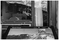 Interpretative sign and Alpine Visitor Center window reflexion. Rocky Mountain National Park, Colorado, USA. (black and white)