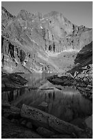 Longs Peak and Chasm Lake at sunrise. Rocky Mountain National Park, Colorado, USA. (black and white)