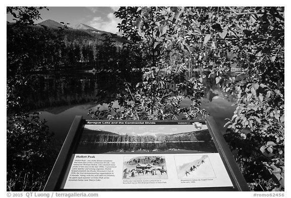 Sprague Lake and Continental Divide interpretive sign. Rocky Mountain National Park (black and white)