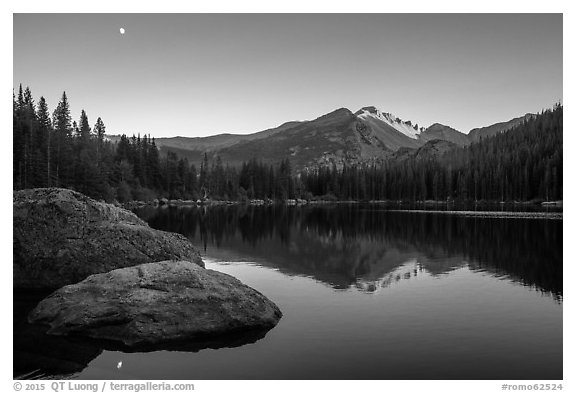 Bear Lake, Longs Peak, boulder and moon. Rocky Mountain National Park (black and white)