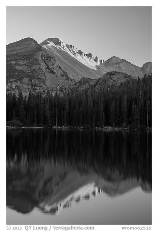 Longs Peak and reflection in Bear Lake at sunset. Rocky Mountain National Park (black and white)