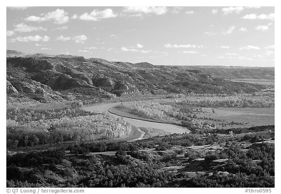 Little Missouri river at Oxbow overlook. Theodore Roosevelt National Park (black and white)