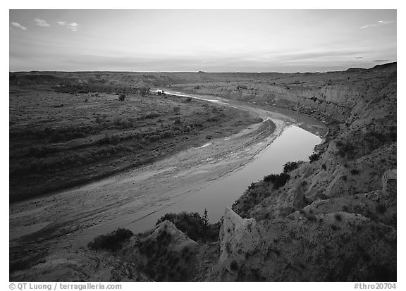 Bend of the Little Missouri River, dusk. Theodore Roosevelt National Park (black and white)