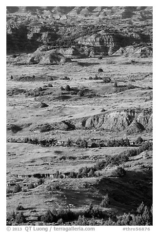 Rolling prairie and badlands, Painted Canyon. Theodore Roosevelt National Park (black and white)