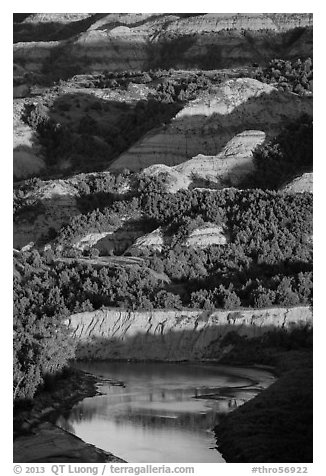 Badlands and Little Missouri river. Theodore Roosevelt National Park (black and white)