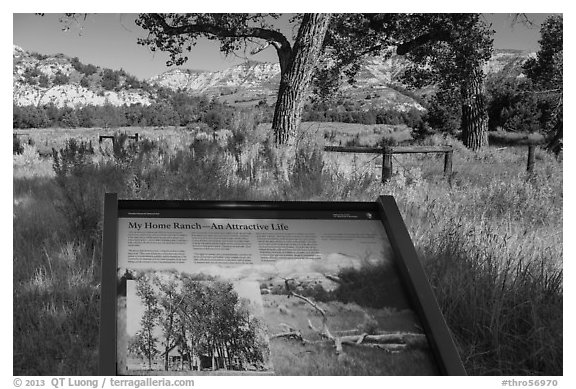 Interpretive sign, Roosevelt Elkhorn Ranch site. Theodore Roosevelt National Park (black and white)