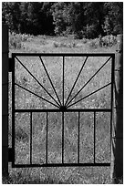 Entrance gate to Elkhorn Ranch homestead. Theodore Roosevelt National Park, North Dakota, USA. (black and white)